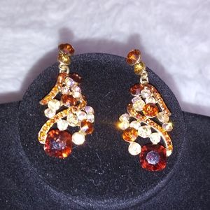 Earrings - Amber/Goldtone Crystals in Swirl Design